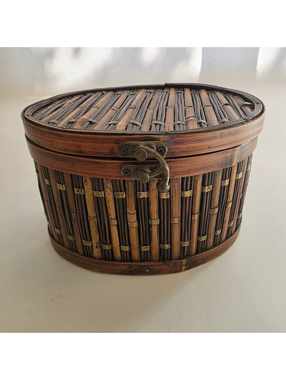 Bamboo/Rattan Oval Storage Box Clasp Closure VTG